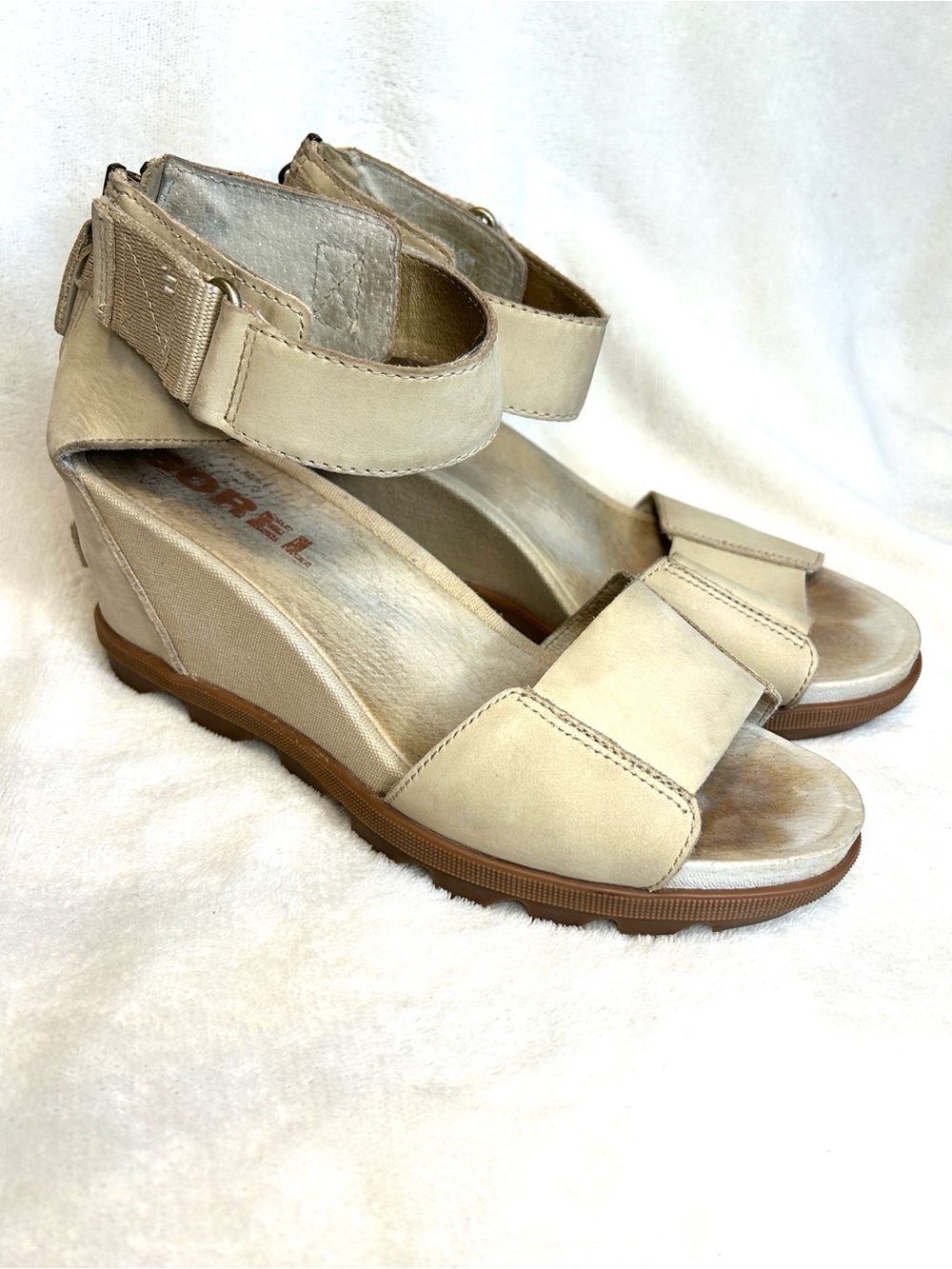 Sorel Joanie II Taupe Leather Wedge Platform Sandals Ankle Strap Women 8.5